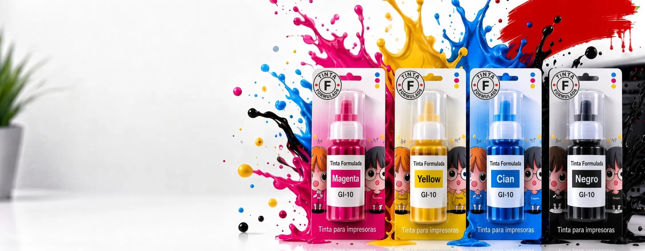 Cuatro botellas de tinta magenta, amarilla, cian y negra en blíster, con salpicaduras de tinta y una planta, sobre fondo claro